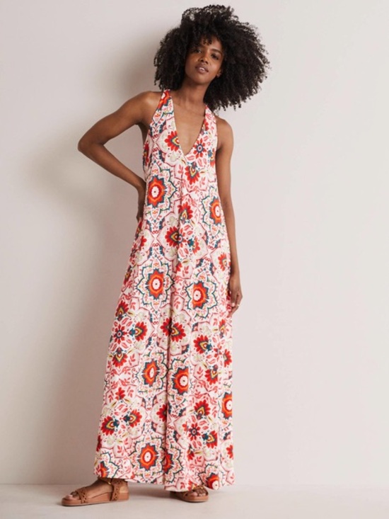 Boden Dresses & Skirts - Boden Women Red Tile Print Halter Maxi Dress V-Neck Tie Waist Summer Resort 12R